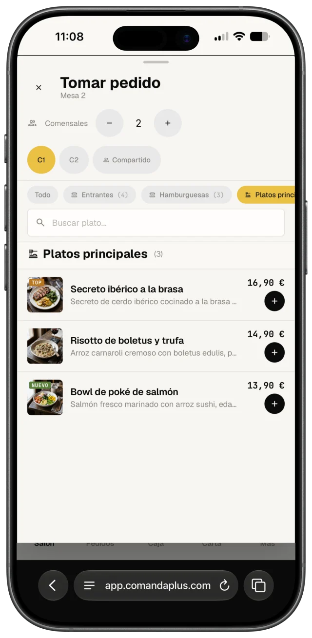 Pantalla del camarero para tomar el pedido de la mesa 2: platos por categoría con buscador y botón de añadir