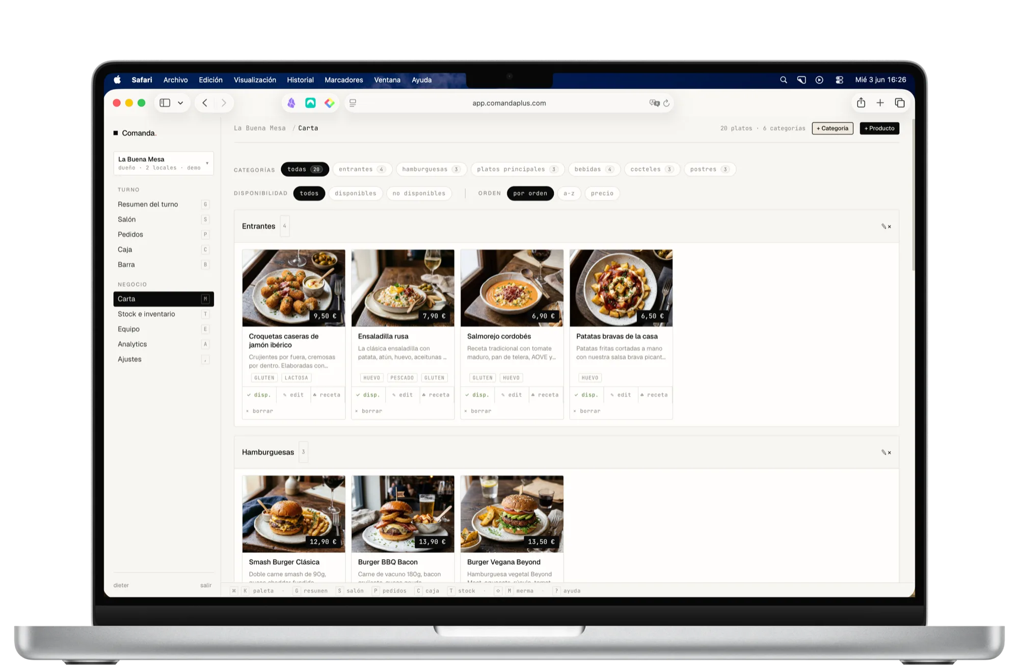 Gestión de la carta: platos con foto, precio y categoría, listos para editar