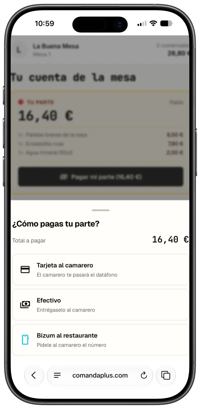 Su parte de 16,40 € y las formas de pago: tarjeta, efectivo o Bizum