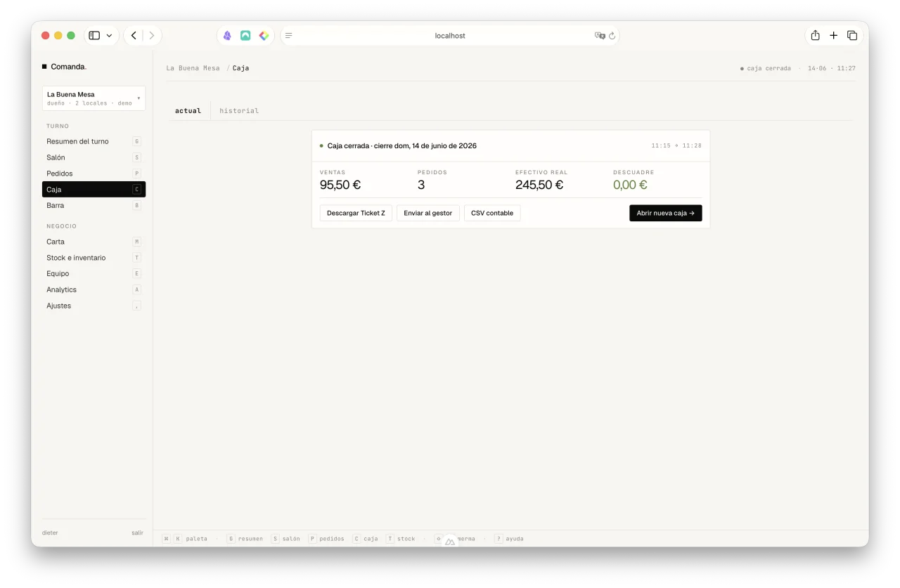 Cierre de caja Z: ventas, efectivo real y descuadre 0,00 €, con botones para descargar el Ticket Z y enviarlo al gestor